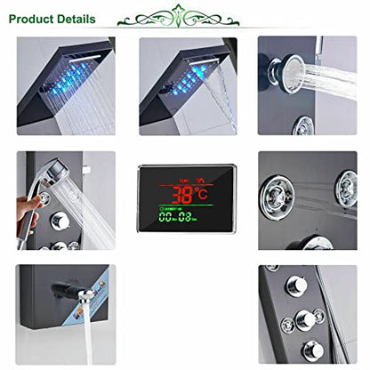 LED Rain Shower Panel Tower System Rainfall Waterfall Massage Body Jets Kit Faucet Black A