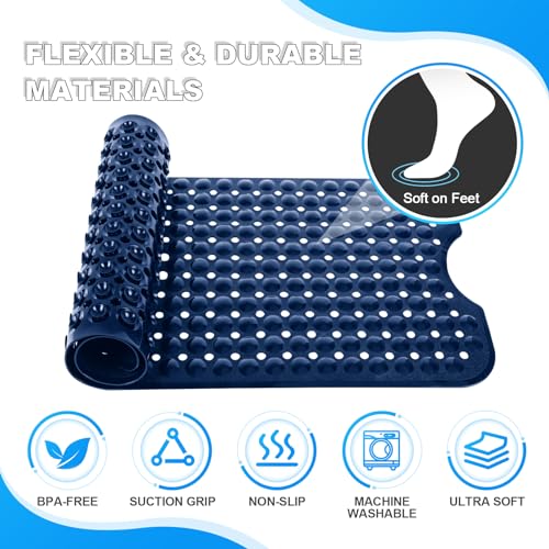 Bathtub and Shower Mats, 40x16 Inch Extra Large Non Slip Soft Bath Tub Mat with Suction Cups and Drain Holes for Bathroom Floor and Keep Tubs Clean, Machine Washable, Navy Blue - color: Navy Blue