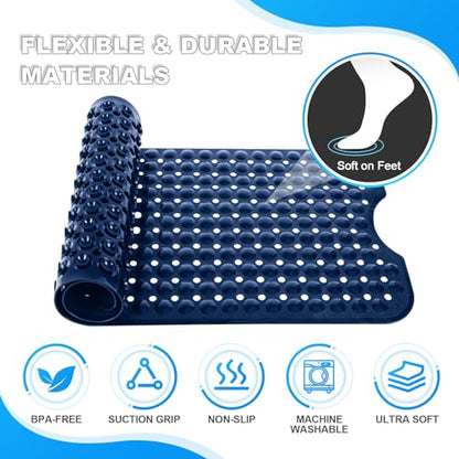 Bathtub and Shower Mats, 40x16 Inch Extra Large Non Slip Soft Bath Tub Mat with Suction Cups and Drain Holes for Bathroom Floor and Keep Tubs Clean, Machine Washable, Navy Blue - color: Navy Blue