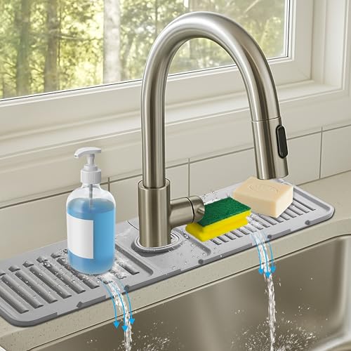 Silicone Faucet Mat 2 Pack - 40x12cm Grey Kitchen Sink Splash Guard and Drying Pad for 3.5-6cm Faucets. Anti-Slip Design with Fast Drainage for Counter Protection, Grey