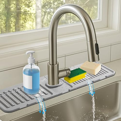 Silicone Faucet Mat 2 Pack - 40x12cm Grey Kitchen Sink Splash Guard and Drying Pad for 3.5-6cm Faucets. Anti-Slip Design with Fast Drainage for Counter Protection, Grey