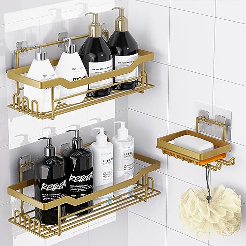 Shower Caddy Shelves Organizer Rack, 3 Pack Shower Caddy with Soap Holder,No Drilling Wall Mounted Self Adhesive Shower Shelves for Inside Shower,Matte Gold - color: Matte Gold