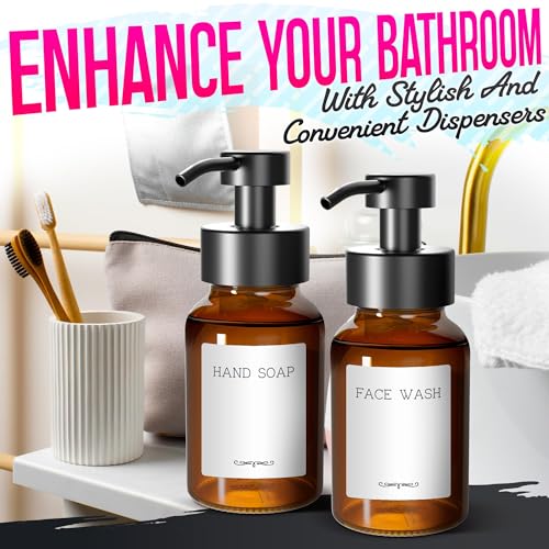 2 Pcs Amber Glass Foaming Soap Dispenser with Pump, 8.5 oz Bottles | Refillable Soap Dispensers for Hand Wash, Dish Liquid, Shampoo, Gel - Rich Foam with Every Press, for Bathrooms and Kitchens