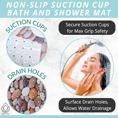 ENKOSI Non-Slip Bath & Shower Mat 40x16 Extra Long, Suction & Drain Holes | Pebble Stone spa look; Durable PVC; 40x16 in, Pebble Stone - color: Pebble Stone
