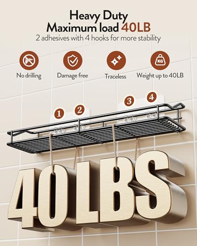 Orimade Adhesive Bathroom Shelf Organizer Shower Caddy Storage Basket Kitchen Spice Rack No Drilling SUS304 Stainless Steel Rustproof, 15.75 inch, Black - color: Black