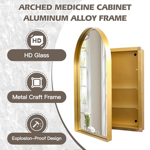 Arched Medicine Cabinet, Recessed Medicine Cabinet Surface Mount Medicine Cabinet with Mirror and Adjustable Shelves Medicine Cabinet Wall Mounted Bathroom Mirror Cabinet, 24x36 Inch (Gold) - color: Gold