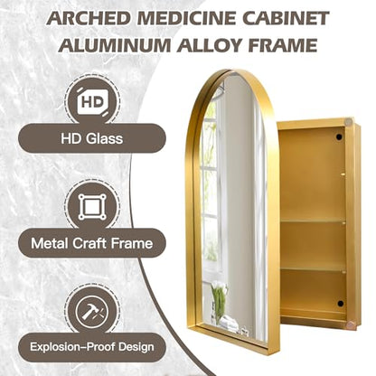 Arched Medicine Cabinet, Recessed Medicine Cabinet Surface Mount Medicine Cabinet with Mirror and Adjustable Shelves Medicine Cabinet Wall Mounted Bathroom Mirror Cabinet, 24x36 Inch (Gold) - color: Gold
