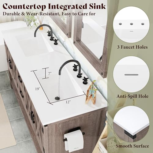 AMERLIFE 60" Gray Farmhouse Double Sink Bathroom Vanity, Solid White Top | Light Gray, Solid White Integrated Top, Moisture-Resistant MDF, 4 X-Panel Doors, 2 Drawers, Open Shelf, Paper Towel Holder - color: Light Gray, size: 60”