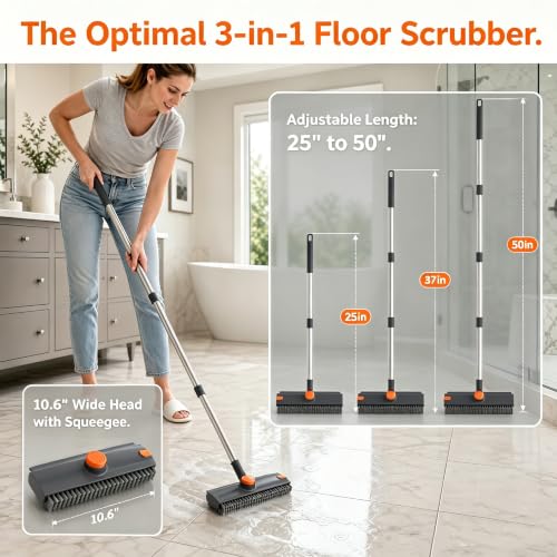 3-in-1 Floor Scrub Brush with Long Handle, Rotating Head Squeegee & Tweezer | Stiff Dual-side Bristle, 50'' Extension Pole, Stainless Steel, Multi-Surface for Shower Tile Patio Kitchen Deck Cleaning