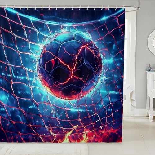 Homewish Fire Soccer Kids Shower Curtains,Ball Sport Games Competition Gaming Bathroom Curtains for Boys Man,Lightning Light Fire Blue Modern Fashion Waterproof Curtain,12 Hooks Suits,72" W x 78" L - color: Color 11, size: 72"Wx78" L