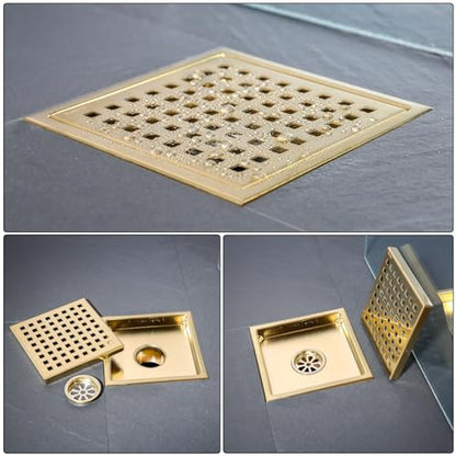 6 Inch Square Shower Floor Drain Brushed Brass with Flange,SUS304 Stainless Steel Gold Shower Drain Cover with Quadrato Pattern Grate Removable Hair Strainer,98738BG6-S. - color: Brushed Gold（set）