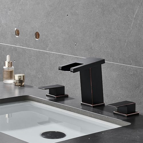 LED Bathroom Faucet 3 Hole, Oil Rubbed Bronze Waterfall Bathroom Faucets, 8 Inch Widespread Modern Bathroom Sink Faucet & Parts, Wide Spread Touch On Three Hole 2 Handle Bathroom Vanity Faucet - color: Oil Rubbed Bronze