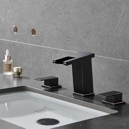 LED Bathroom Faucet 3 Hole, Oil Rubbed Bronze Waterfall Bathroom Faucets, 8 Inch Widespread Modern Bathroom Sink Faucet & Parts, Wide Spread Touch On Three Hole 2 Handle Bathroom Vanity Faucet - color: Oil Rubbed Bronze