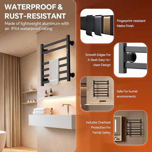 Electric Towel Warmer Wall Mounted, Heated Towel Rack with Intelligent Timer & Temperature Control, Plug-in or Hardwired, Left/Right Compatible, 21 Inch, Black - color: Black, size: 21 Inch