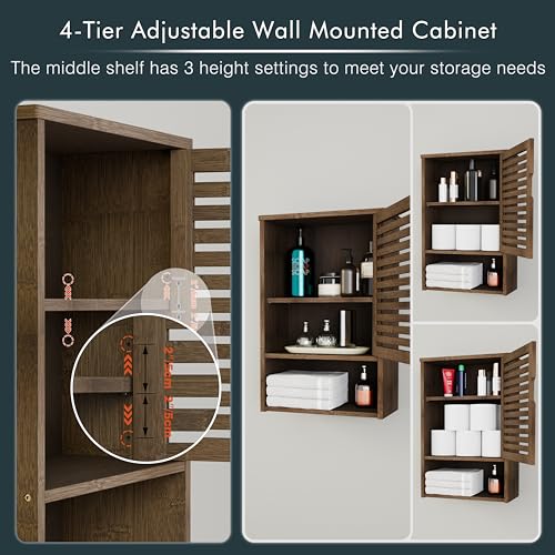 HITNET Bathroom Wall Cabinet and Ladder Shelf, Bamboo Over Toilet Hanging Storage Organizer with Adjustable Shelf, Space Saving Leaning Book Shelf, Walnut