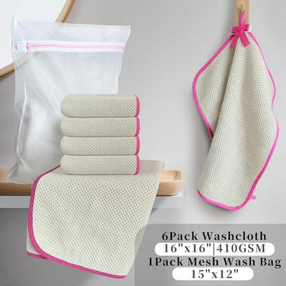 VOOVA & MOVAS Waffle Wash Cloths 6 Pack, 100% Cotton, 16x16 in, Beige | Suitable for Daily Facial Care, Built-in Hanging Loop, Pink Piping, Waffle Weave Construction - color: Pink Piping, size: 6PC Washcloth (16"x16")