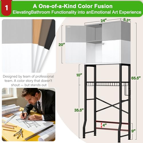 Over-The-Toilet Storage Rack, 4-Tier Bathroom Organizer Shelf Over Toilet with Barn Doors Cabinet and Basket, Freestanding Space Saver Bathroom Shelves with Paper Holder Above Toilet (Gray & White) - color: Gray White