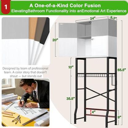 Over-The-Toilet Storage Rack, 4-Tier Bathroom Organizer Shelf Over Toilet with Barn Doors Cabinet and Basket, Freestanding Space Saver Bathroom Shelves with Paper Holder Above Toilet (Gray & White) - color: Gray White