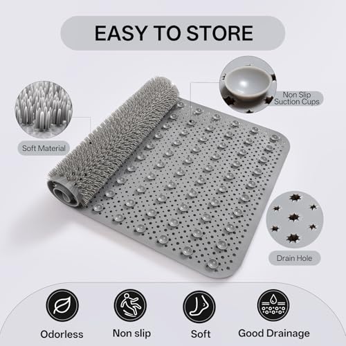 Shower Foot Scrubber Mat, Non Slip Shower Feet Mat Grey 16"x27" | Silicone Exfoliating With Suction Cups And Drain Holes, Quick Drying Soft Bathtub Mat, Machine Washable Drainage Bathroom Mat - color: Grey