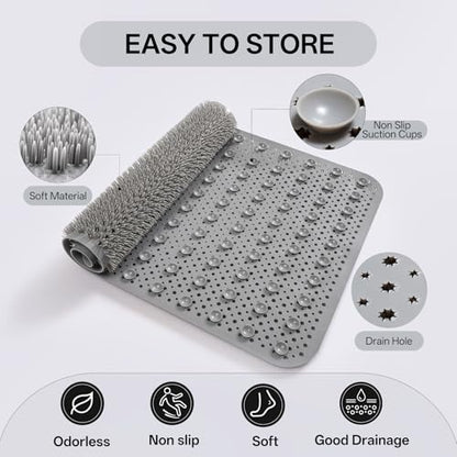 Shower Foot Scrubber Mat, Non Slip Shower Feet Mat Grey 16"x27" | Silicone Exfoliating With Suction Cups And Drain Holes, Quick Drying Soft Bathtub Mat, Machine Washable Drainage Bathroom Mat - color: Grey
