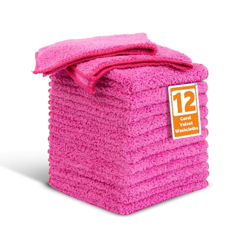 TEAWOO Coral Velvet Rose Red Washcloths 12 Pack, Highly Absorbent and Soft | Face Towel, Multi-Purpose White Bath Towels for Bathroom, Hotel, Spa, Gym and Kitchen - color: Rose Red, size: 12 PACK