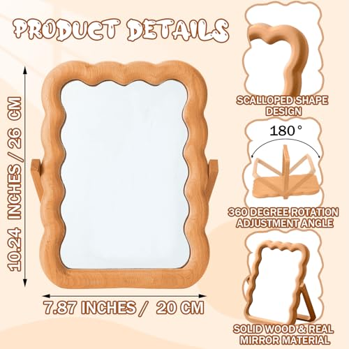Wooden Wave Shaped Makeup Table Mirror with Stand Folding Tabletop Vanity Mirror Scalloped Aesthetic Wood Framed Standing for Boho Office Desk Home Decoration, 10.24 x 7.87 x 0.79 Inches