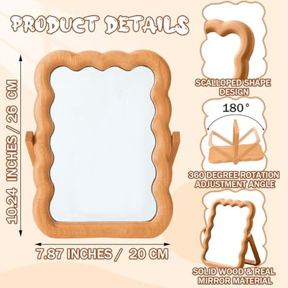 Wooden Wave Shaped Makeup Table Mirror with Stand Folding Tabletop Vanity Mirror Scalloped Aesthetic Wood Framed Standing for Boho Office Desk Home Decoration, 10.24 x 7.87 x 0.79 Inches