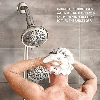 High Pressure Handheld/Rain 82-mode 3-way Shower Head Combo with 25.75" Adjustable Drill-free Stainless Steel Slide Bar, Pet & Tub Power Wash and Anti-clog Nozzles, with 5ft Hose - Brush Nickel - color: Brush Nickel