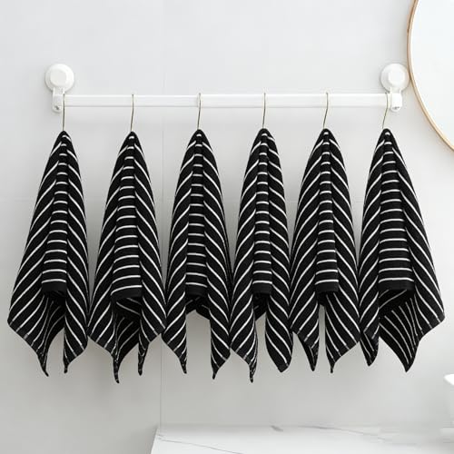 Black and White Hand Towels Bathroom Cotton Striped Towels, 13 x 29 Inches, Lightweight Quick-Dry Absorbent, 6 Piece Set - color: Black