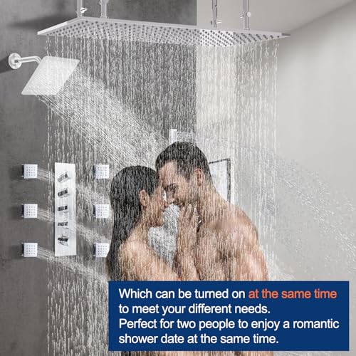 Dual Shower Heads System 16"x32" Ceiling Mount Rainfall and 6" Wall Mounted Shower Heads with 6 body Jets Thermostatic Shower Valve Full Body Shower System,Polished Chrome - color: Polished Chrome