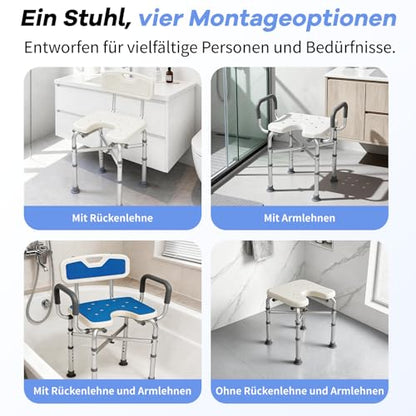 U 2-Level Width Adjustable Heavy Duty Shower Chair for Inside Shower and Tub w/Reinforced X-Bar, 550lbs Shower Seat for Bathtub w/Arms and Back for Seniors, Handicap, Bariatric, Elderly and Disabled - size: Extra Wide-U Shape