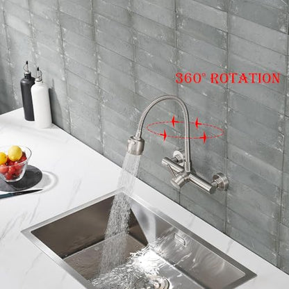 Wall Mount Kitchen Sink Faucet 8 Inch Center with Flexible Sprayer,Stainless Steel Mixer Tap with Dual Function Sprayer,Nickel Brushed Unility Sink Faucet - color: C Style, Nickel Brushed