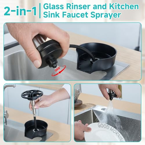 Glass Rinser for Kitchen Sink, Cup Cleaner Sink Attachment, Cup Rinser for Sink High Pressure Cup Washer with Pull-out Spray, Bar Cafe Restaurant Bottle Rinser, 360 Degree Rotating Quick Clean (Black)