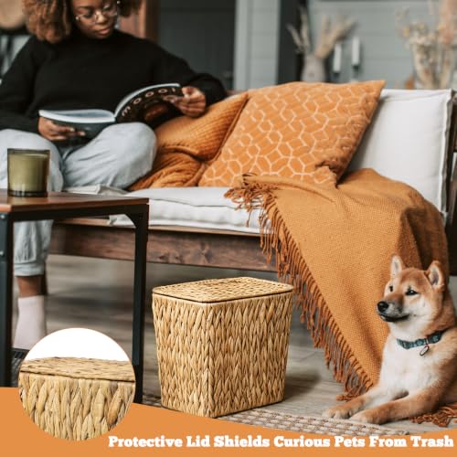 TINSKY Wicker Trash Can with Lid Boho Rattan Small Bathroom Waste Basket | 2.5 Gallon Removable Liner, Handwoven Water Hyacinth, Narrow Rattan Trash Can for Bedroom Office Kitchen Decor