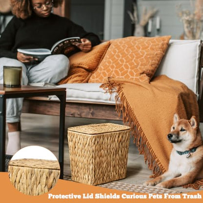 TINSKY Wicker Trash Can with Lid Boho Rattan Small Bathroom Waste Basket | 2.5 Gallon Removable Liner, Handwoven Water Hyacinth, Narrow Rattan Trash Can for Bedroom Office Kitchen Decor