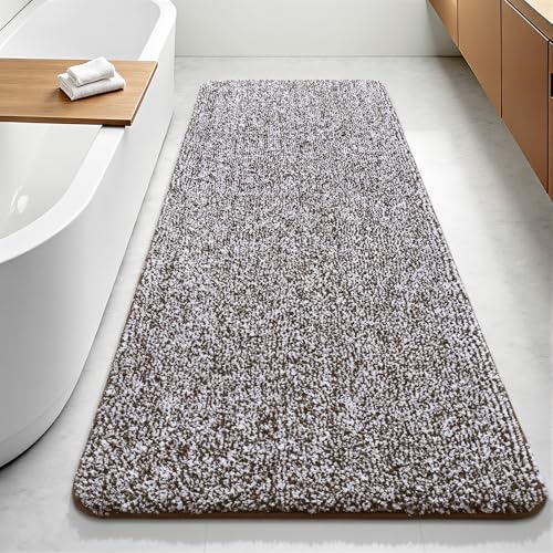 Bathroom Runner Rug 24x60 Inch, Absorbent Long Bath Rug for Shower Floor | Soft Non Slip Washable Bathroom Rugs, Plush Thick Microfiber Large Bath Mat for Tub Double Sink Vanity, Brown and White - color: Brown and White, size: 24" x 60"