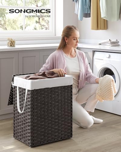 SONGMICS Laundry Hamper with Lid, 23.8 Gallon (90 L) Synthetic Rattan Clothes Laundry Basket with Lid and Handles, Foldable, Removable Liner, Chestnut Brown ULCB051K02 - color: Chestnut Brown, size: 90 L