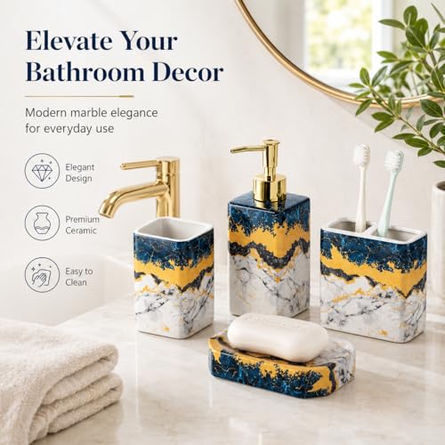 4 Piece Bathroom Accessories Set - Blue Bathroom Accessory Sets Includes Lotion Dispenser, Toothbrush Holder Tumbler, and Soap Dish - Glossy Finish (Marble, Blue) - color: Blue