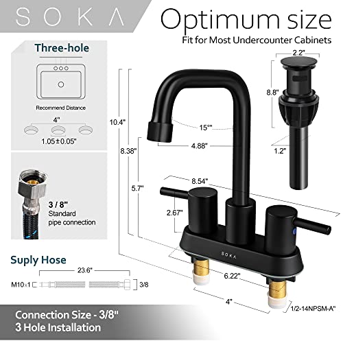 SOKA Centerset Bathroom Faucet 2 Handles 4 Inch Commercial Hand Sink Touch Faucets 3 Hole Bathroom Sink Faucet - color: Matte Black, size: 4" Gooseneck