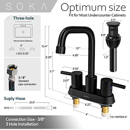 SOKA Centerset Bathroom Faucet 2 Handles 4 Inch Commercial Hand Sink Touch Faucets 3 Hole Bathroom Sink Faucet - color: Matte Black, size: 4" Gooseneck