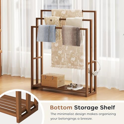 Standing Towel Rack for Bathroom, 39.4''H Bamboo Blanket Racks with Shelf | 31.5"W × 9.4"D × 39.4"H • Walnut • Waterproof • Blanket rack • Blanket holder • Ventilated • Bottom shelf • Anti-tip - color: Walnut