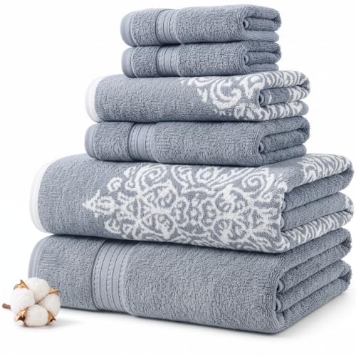 Modern Threads 6 Piece Reversible Yarn Dyed Jacquard Towel Set Artesia Damask Sterling Blue - color: Sterling Blue
