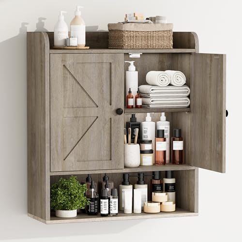 Bathroom Wall Cabinet, Farmhouse Medicine Cabinet with 2 Doors, Oak Grey | Over The Toilet Wall-Mounted Storage Cabinet; Barn Doors & Adjustable Shelves, For Bathroom, Kitchen, Living Room - color: Oak Grey