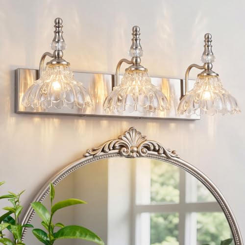Vintage Bathroom Vanity Light, 3-Light Brushed Nickel Vanity Lighting Fixture with Flower Glass Shade, Bathroom Lighting Fixtures Over Mirror - color: B-Nickel, size: 3-light