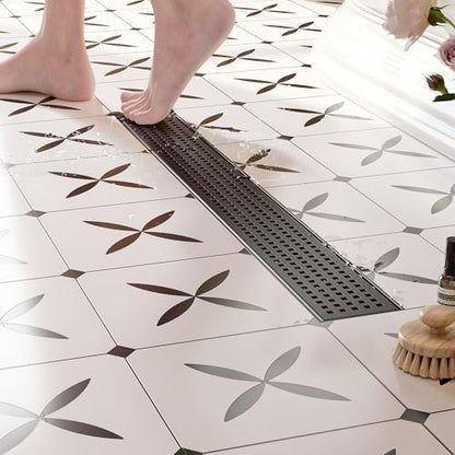 Neodrain 24In Offset Side Outlet Linear Shower Drain w/Grate Cover, Black | w/ Quadrato Pattern Grate Cover, 304 Stainless Steel Rectangle Shower Floor Drain, with Leveling Foot, Hair Strainer Catche - color: Matte Black- Pattern Grate Cover, size: 24 IN
