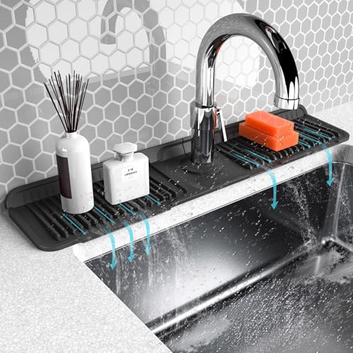 Folding faucet mat for kitchen sink-sink splash guard behind faucet-silicone kitchen faucet mat-faucet draining mat of sink accessories with button lock - color: Black