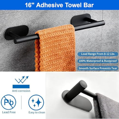 Towel Bar,Adjustable 16-24" Towel Rack,SUS304 Stainless Steel Bathroom Towel Holder,No Drill,Self Adhesive & Wall Mounted for Bathroom Kitchen Hand Towel Holder Cloths(Matte Black) (Black) - color: Black