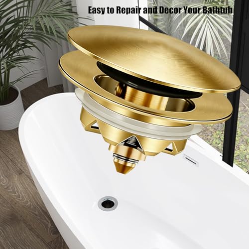 Anlige Bathtub Drain Stopper, Pop Up Tub Stopper and Cover, Bottom with Hair Catcher, Universal for 1.45 in to 1.8 in Drain, Replaces Old Drain Plug, Brushed Gold - color: Brushed Gold