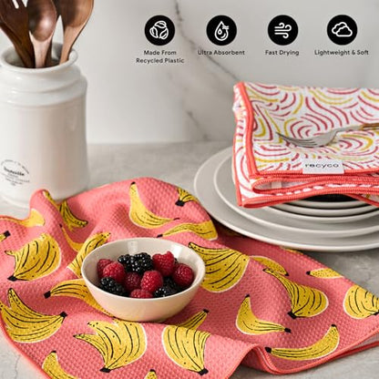 RECYCO Waffle Kitchen Towel Set of 2 - Quick Dry Microfiber Sustainable Dish Towels - Ultra Absorbent Reusable Cleaning Tea Towels - Lightweight Hand Towels,16”x 28”, Banana Joy - color: Banana Joy