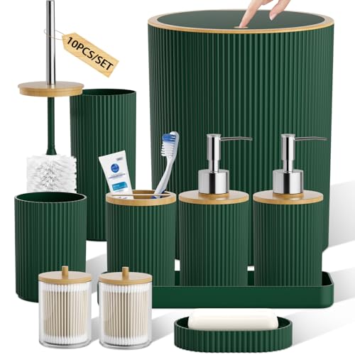 10PC Bathroom Accessories Set - Dark Green and Wooden Bathroom Sets, Bathroom Accessory Set with Pop Up Trash Can, Toilet Brush, Trash Can, Qtip Holder & Soap Dispenser - color: Dark Green & Wood, size: Bath Set